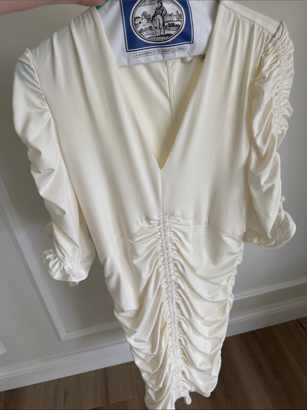 Hale Bob Cream Ruched V-Neck Midi Dress